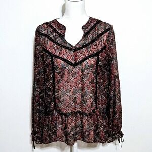 Matilda Jane Womens Top Sz L Carol Sheer Long Sleeve Floral Boho‎ Peasant